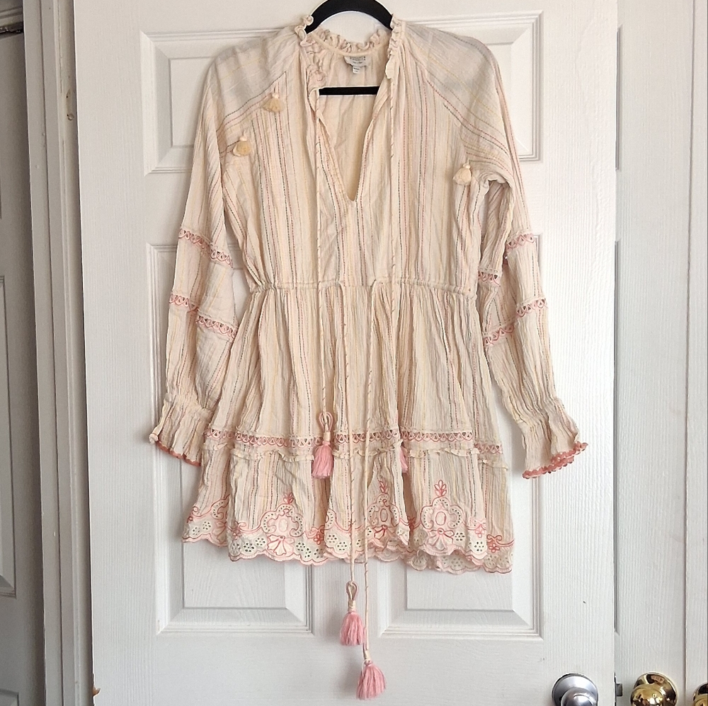Hemet & Nandita Striped Boho Hippie Peasant Embroidered Long Sleeve Mini Dress
